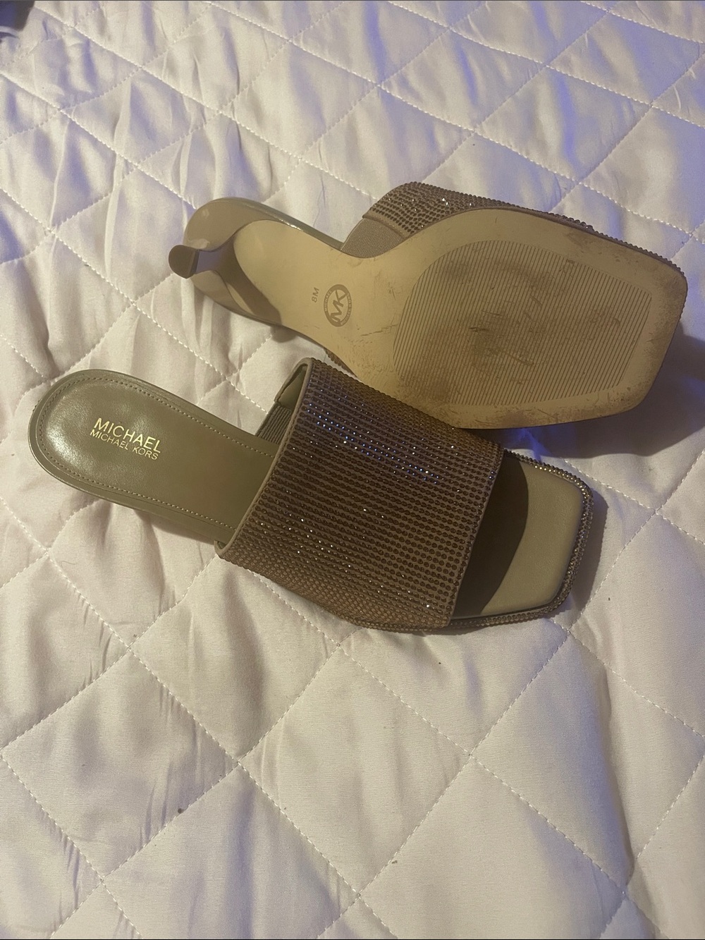MICHAEL Michael Kors Taupe-Gold Rhinestone Slide Mules - Size 8 - Picture 3 of 4